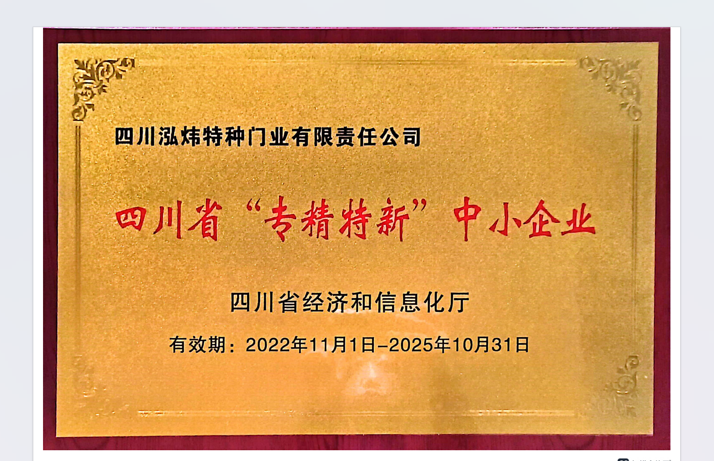 四川省专精特新中小企业认定证书
